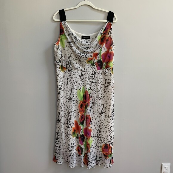 Lane Bryant Floral Fit Flare Cowl Neck Dress Sz16 White Sleeveless Artsy Roses - Picture 1 of 11